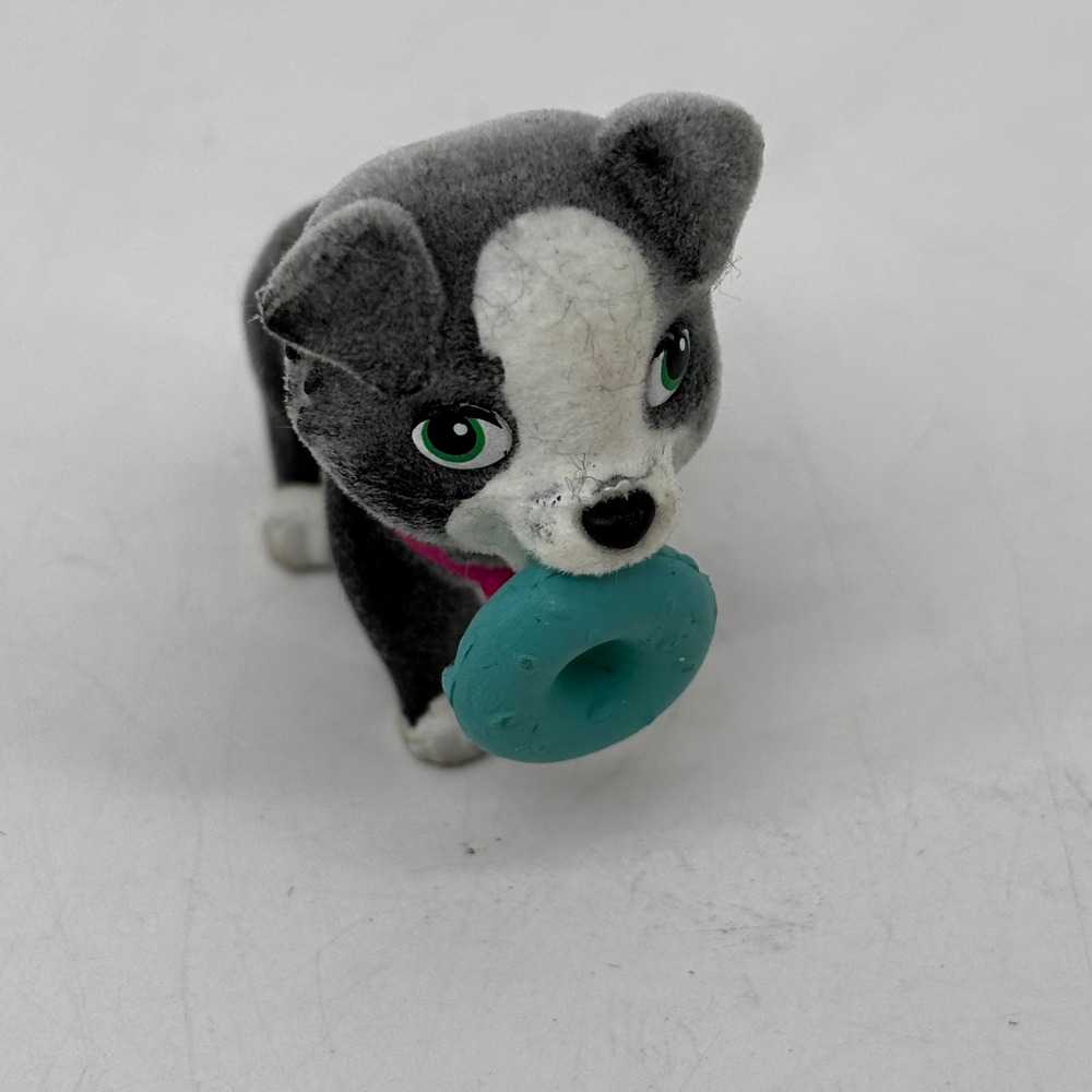 Vintage Flocked Grey White Puppy Dog Figurine with Teal Donut Pink Collar Toy